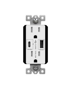 Duplex Receptacle Outlet with (1) 30W USB-C with Power Delivery + (1) 12W USB-A (30W Total), Tamper-Resistant, Decora - 15 Amp - White - Enerlites - 61501-1A1C-PD30-W