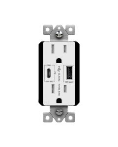 Duplex Receptacle Outlet with (1) 60W USB-C with Power Delivery + (1) 12W USB-A (60W Total), Tamper-Resistant, Decora - 15 Amp - White - Enerlites - 61501-1A1C-PD60-W