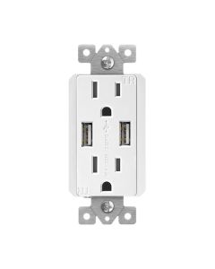 Duplex Receptacle Outlet with (2) USB-A (20W Total), Tamper-Resistant, Decora - 15 Amp - White - Enerlites - 61501-TR2USB-S-W