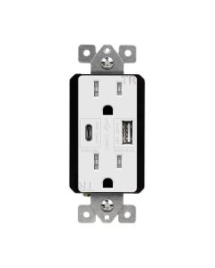 Duplex Receptacle Outlet with (1) 15W USB-C + (1) 12W USB-A (27W Total), Tamper-Resistant, Decora - 15 Amp - White - Enerlites - 61501-TR2USB-1A1C-W