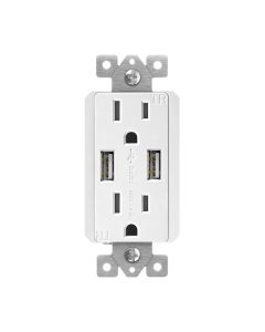 Duplex Receptacle Outlet with (2) USB-A (20W Total), Tamper-Resistant, Decora - 15 Amp - White - Enerlites - 61501-TR2USB-S-W