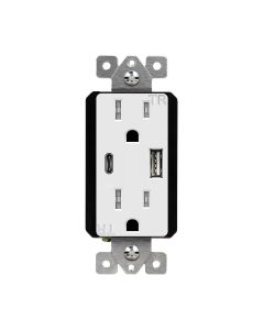 Duplex Receptacle Outlet with (1) 15W USB-C + (1) 12W USB-A (18W Total), Tamper-Resistant, Decora - 15 Amp - White - Enerlites - 61501-TR2USB3-1A1C-W