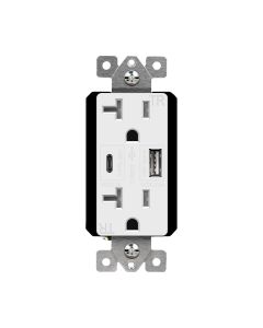 Duplex Receptacle Outlet with (1) 15W USB-C + (1) 12W USB-A (27W Total), Tamper-Resistant, Decora - 20 Amp - White - Enerlites - 62001-TR2USB-1A1C-W