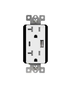 Duplex Receptacle Outlet with (1) 15W USB-C + (1) 12W USB-A (18W Total), Tamper-Resistant, Decora - 20 Amp - White - Enerlites - 62001-TR2USB3-1A1C-W