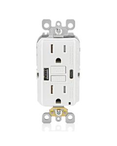 GFCI Duplex Receptacle Outlet with (1) 12W USB-C + (1) 12W USB-A (24W Total), Tamper-Resistant, Decora - 15 Amp - White - Leviton - GUAC1-W