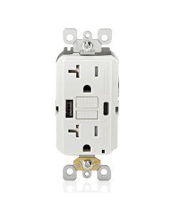 GFCI Duplex Receptacle Outlet with (1) 12W USB-C + (1) 12W USB-A (24W Total), Tamper-Resistant, Decora - 20 Amp - White - Leviton - GUAC2-W