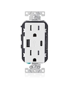 Duplex Receptacle Outlet with (1) 15W USB-C + (1) 12W USB-A (27W Total), Tamper-Resistant, Decora - 15 Amp - White - Leviton - T5633-W