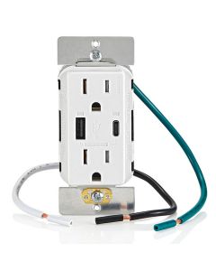 Duplex Receptacle Outlet with (1) 50W USB-C with Power Delivery + (1) 10W USB-A (60W Total), Tamper-Resistant, Decora - 15 Amp - White - Leviton - T5634-W