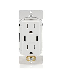 Duplex Receptacle Outlet with (2) 30W USB-C with Power Delivery (60W Total), Tamper-Resistant, Decora - 15 Amp - White - Leviton - T5636-W