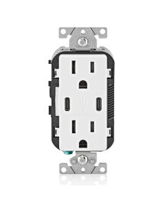 Duplex Receptacle Outlet with (2) 15W USB-C (30W Total), Tamper-Resistant, Decora - 15 Amp - White - Leviton - T5637-W