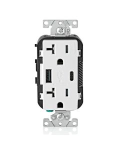 Duplex Receptacle Outlet with (1) 15W USB-C + (1) 12W USB-A (27W Total), Tamper-Resistant, Decora - 20 Amp - White - Leviton - T5833-W