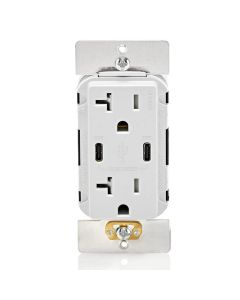 Duplex Receptacle Outlet with (2) 30W USB-C with Power Delivery (60W Total), Tamper-Resistant, Decora - 20 Amp - White - Leviton - T5836-W