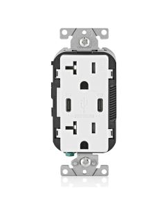 Duplex Receptacle Outlet with (2) 15W USB-C (30W Total), Tamper-Resistant, Decora - 20 Amp - White - Leviton - T5837-W